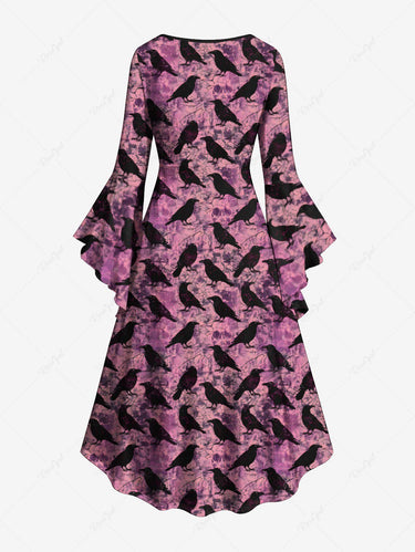 Gothic Plus Size Halloween Crow Tie Dye Print Ruched Flare Sleeves High Low Dress