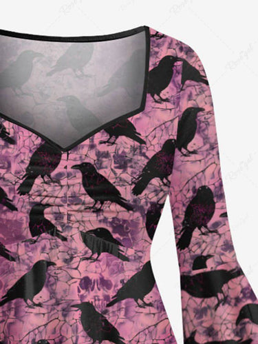 Gothic Plus Size Halloween Crow Tie Dye Print Ruched Flare Sleeves High Low Dress