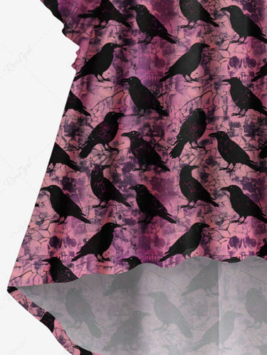 Gothic Plus Size Halloween Crow Tie Dye Print Ruched Flare Sleeves High Low Dress
