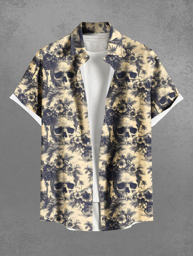 Gothic Plus Size Skulls Tropical Flowers Coconut Tree Print Buttons Pocket Shirt For Men