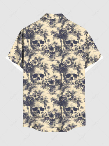 Gothic Plus Size Skulls Tropical Flowers Coconut Tree Print Buttons Pocket Shirt For Men