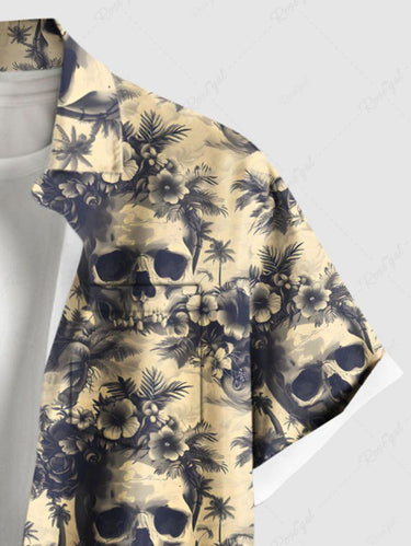 Gothic Plus Size Skulls Tropical Flowers Coconut Tree Print Buttons Pocket Shirt For Men