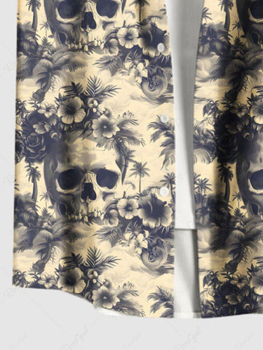 Gothic Plus Size Skulls Tropical Flowers Coconut Tree Print Buttons Pocket Shirt For Men