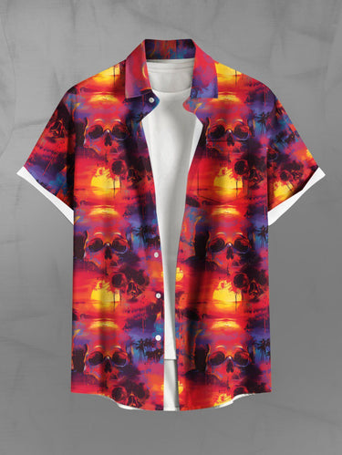 Gothic Plus Size Skulls Coconut Tree Sun Print Buttons Pocket Shirt For Men
