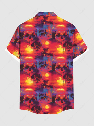 Gothic Plus Size Skulls Coconut Tree Sun Print Buttons Pocket Shirt For Men