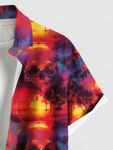 Gothic Plus Size Skulls Coconut Tree Sun Print Buttons Pocket Shirt For Men