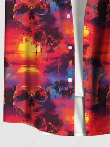 Gothic Plus Size Skulls Coconut Tree Sun Print Buttons Pocket Shirt For Men