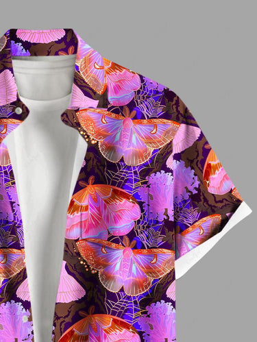 Gothic Plus Size Butterfly Spider Web Flowers Print Buttons Pocket Shirt For Men
