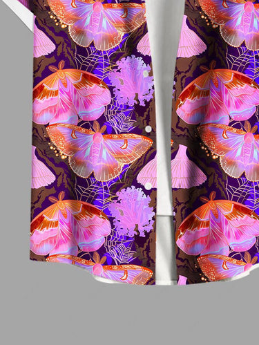 Gothic Plus Size Butterfly Spider Web Flowers Print Buttons Pocket Shirt For Men