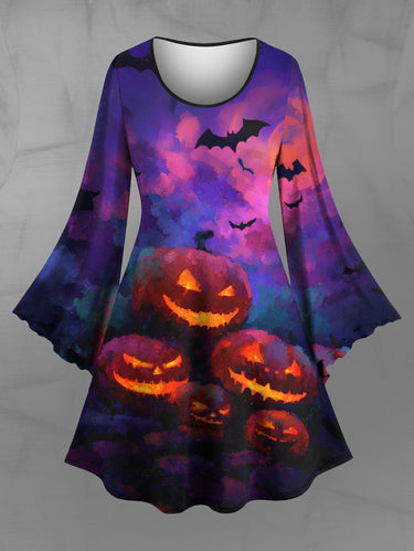Gothic Plus Size Halloween Pumpkin Lantern Bat Cloud Print Flare Sleeves Dress