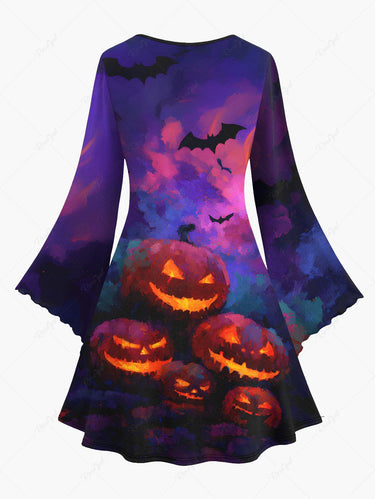 Gothic Plus Size Halloween Pumpkin Lantern Bat Cloud Print Flare Sleeves Dress