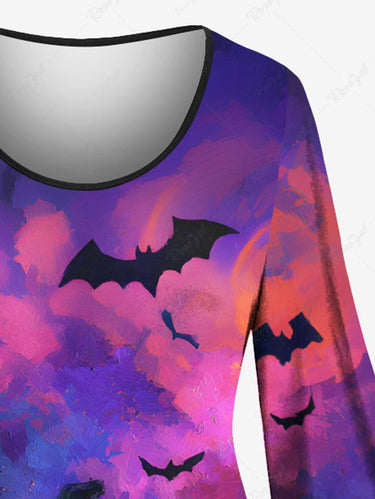 Gothic Plus Size Halloween Pumpkin Lantern Bat Cloud Print Flare Sleeves Dress