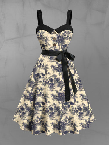 Gothic Plus Size Skulls Tropical Flowers Coconut Tree Print Buttons Turn Down Collar Dress With Belt