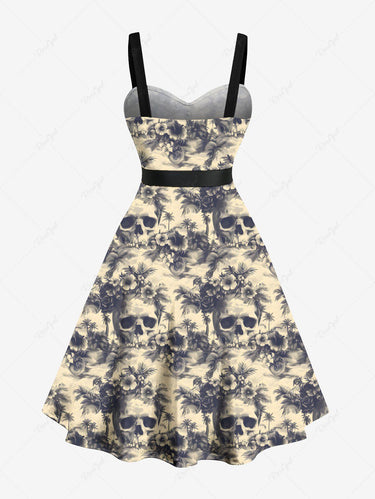 Gothic Plus Size Skulls Tropical Flowers Coconut Tree Print Buttons Turn Down Collar Dress With Belt