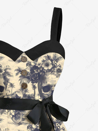 Gothic Plus Size Skulls Tropical Flowers Coconut Tree Print Buttons Turn Down Collar Dress With Belt