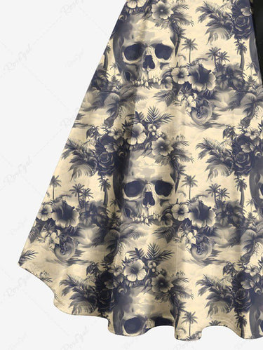 Gothic Plus Size Skulls Tropical Flowers Coconut Tree Print Buttons Turn Down Collar Dress With Belt