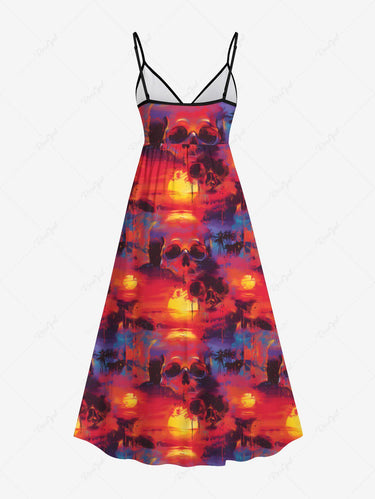 Gothic Plus Size Skulls Coconut Tree Sun Print Surplice Cami Dress