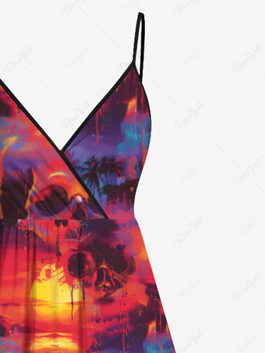 Gothic Plus Size Skulls Coconut Tree Sun Print Surplice Cami Dress