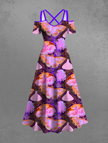 Gothic Plus Size Butterfly Spider Web Flowers Print Cold Shoulder Crisscross Maxi Dress