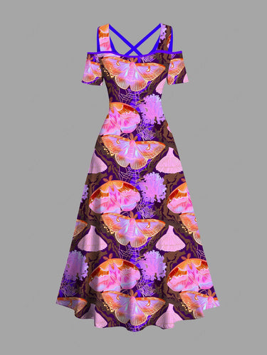 Gothic Plus Size Butterfly Spider Web Flowers Print Cold Shoulder Crisscross Maxi Dress