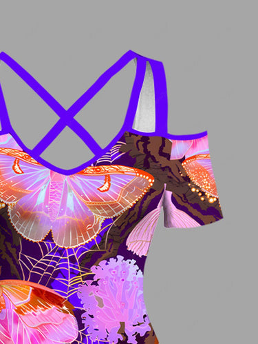 Gothic Plus Size Butterfly Spider Web Flowers Print Cold Shoulder Crisscross Maxi Dress