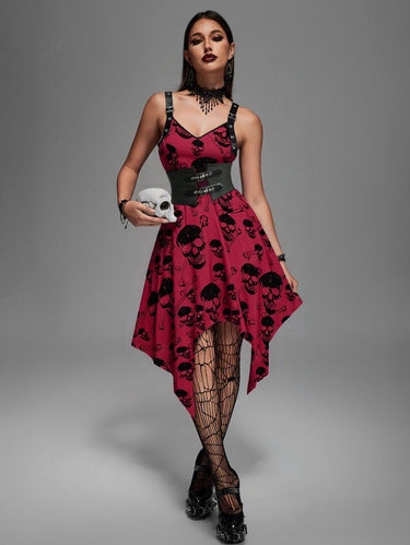 Gothic Skull Bone Print Flocking Handkerchief Dress with Removable Belt