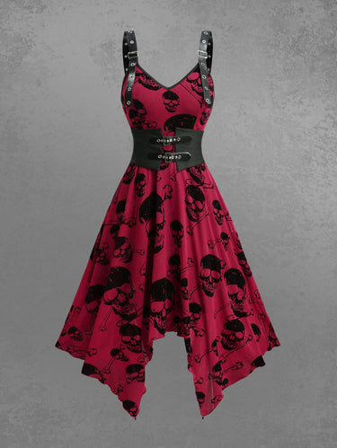 Gothic Skull Bone Print Flocking Handkerchief Dress with Removable Belt
