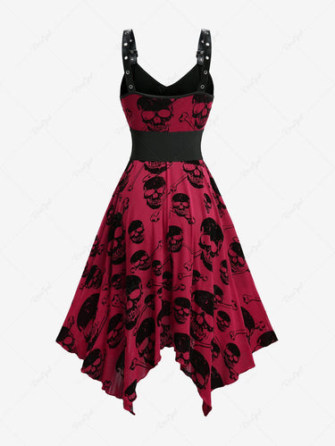 Gothic Skull Bone Print Flocking Handkerchief Dress with Removable Belt