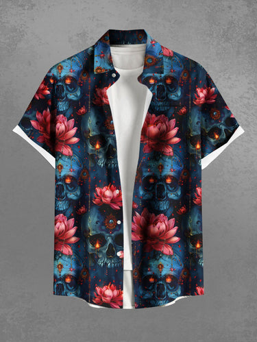 Gothic Plus Size Halloween Flowers Skulls Fire Flame Print Buttons Pocket Shirt For Men