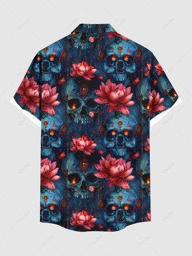 Gothic Plus Size Halloween Flowers Skulls Fire Flame Print Buttons Pocket Shirt For Men