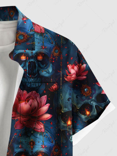 Gothic Plus Size Halloween Flowers Skulls Fire Flame Print Buttons Pocket Shirt For Men