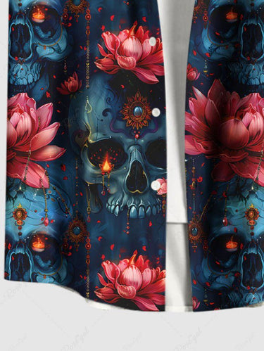 Gothic Plus Size Halloween Flowers Skulls Fire Flame Print Buttons Pocket Shirt For Men
