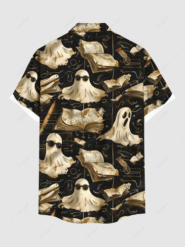 Gothic Plus Size Halloween Ghost Books Print Buttons Pocket Shirt For Men