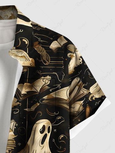 Gothic Plus Size Halloween Ghost Books Print Buttons Pocket Shirt For Men