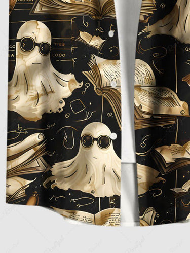 Gothic Plus Size Halloween Ghost Books Print Buttons Pocket Shirt For Men