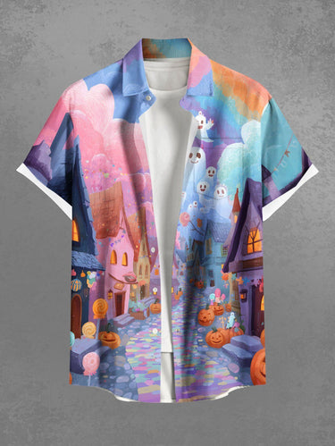 Gothic Plus Size Halloween Pumpkin Candy Ghost Print Buttons Pocket Shirt For Men