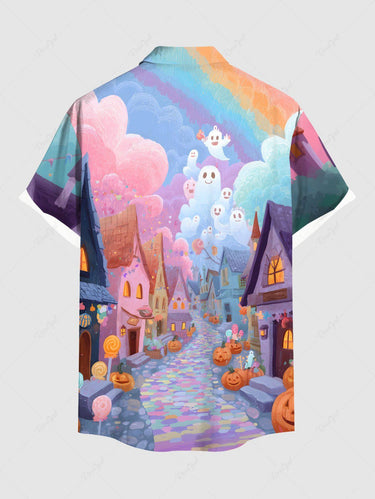 Gothic Plus Size Halloween Pumpkin Candy Ghost Print Buttons Pocket Shirt For Men