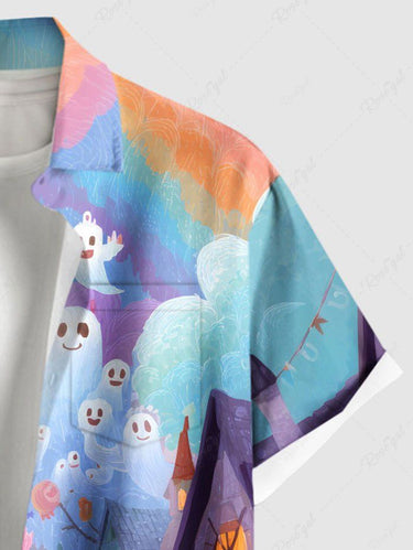 Gothic Plus Size Halloween Pumpkin Candy Ghost Print Buttons Pocket Shirt For Men