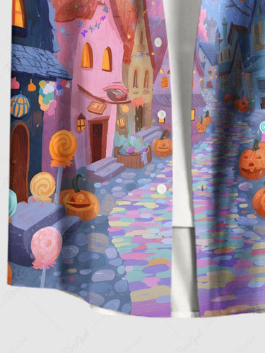 Gothic Plus Size Halloween Pumpkin Candy Ghost Print Buttons Pocket Shirt For Men