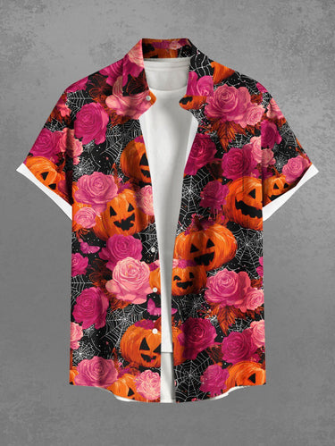 Gothic Plus Size Halloween Pumpkin Spider Web Rose Flowers Print Buttons Pocket Shirt For Men