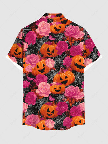 Gothic Plus Size Halloween Pumpkin Spider Web Rose Flowers Print Buttons Pocket Shirt For Men