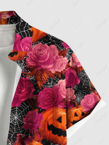 Gothic Plus Size Halloween Pumpkin Spider Web Rose Flowers Print Buttons Pocket Shirt For Men