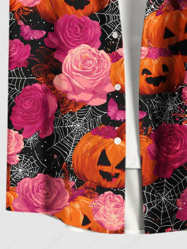 Gothic Plus Size Halloween Pumpkin Spider Web Rose Flowers Print Buttons Pocket Shirt For Men