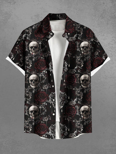 Gothic Plus Size Halloween Skulls Rose Flower Spider Web Print Buttons Pocket Shirt For Men