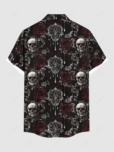 Gothic Plus Size Halloween Skulls Rose Flower Spider Web Print Buttons Pocket Shirt For Men