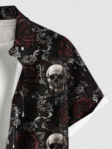 Gothic Plus Size Halloween Skulls Rose Flower Spider Web Print Buttons Pocket Shirt For Men