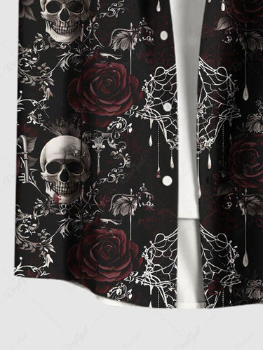 Gothic Plus Size Halloween Skulls Rose Flower Spider Web Print Buttons Pocket Shirt For Men