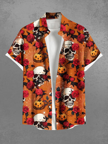Gothic Plus Size Halloween Pumpkin Skulls Rose Flowers Print Buttons Pocket Shirt For Men