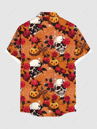 Gothic Plus Size Halloween Pumpkin Skulls Rose Flowers Print Buttons Pocket Shirt For Men