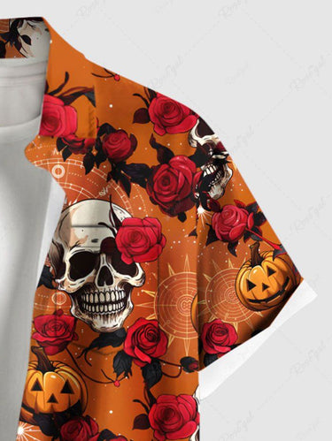 Gothic Plus Size Halloween Pumpkin Skulls Rose Flowers Print Buttons Pocket Shirt For Men